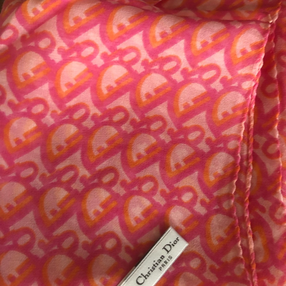 Dior Pink and Orange Monogram Silk Scarf. Never been worn.